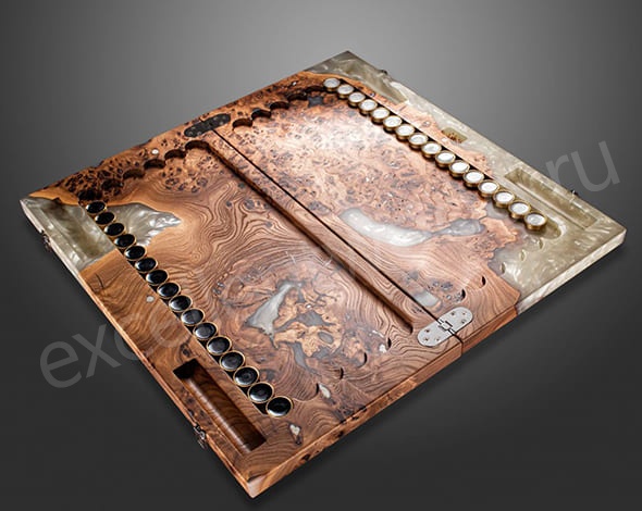 Нарды из древесины карагача с эпоксидной смолой, белые купить в интернет-магазине